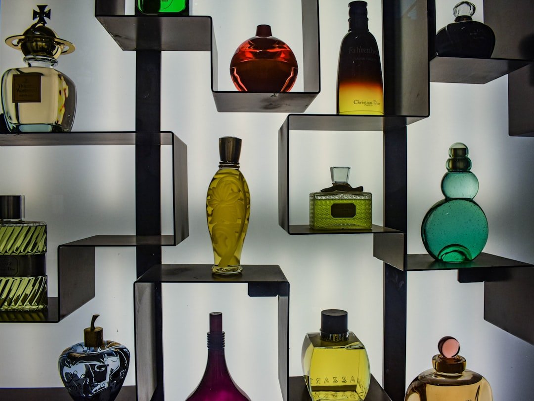 Display of fragrance bottles in museum