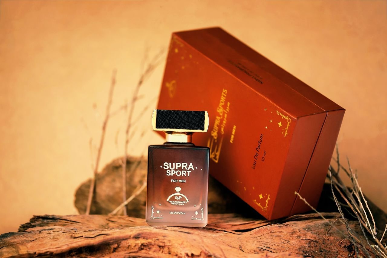 Elegant mens perfume bottle with woody background. Perfect for luxury branding and product photography.